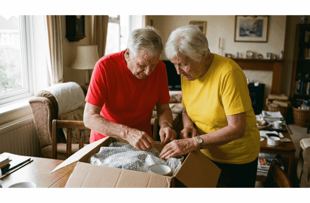 Two older adults wrapping items in bubble wrap and placing them into a cardboard box in a sunlit room.