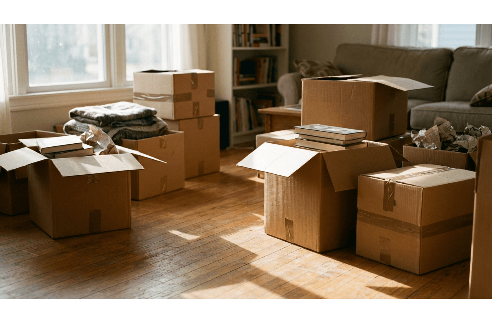 Cardboard moving boxes are scattered and piled on a wooden floor with furniture in the background, ready for moving day.