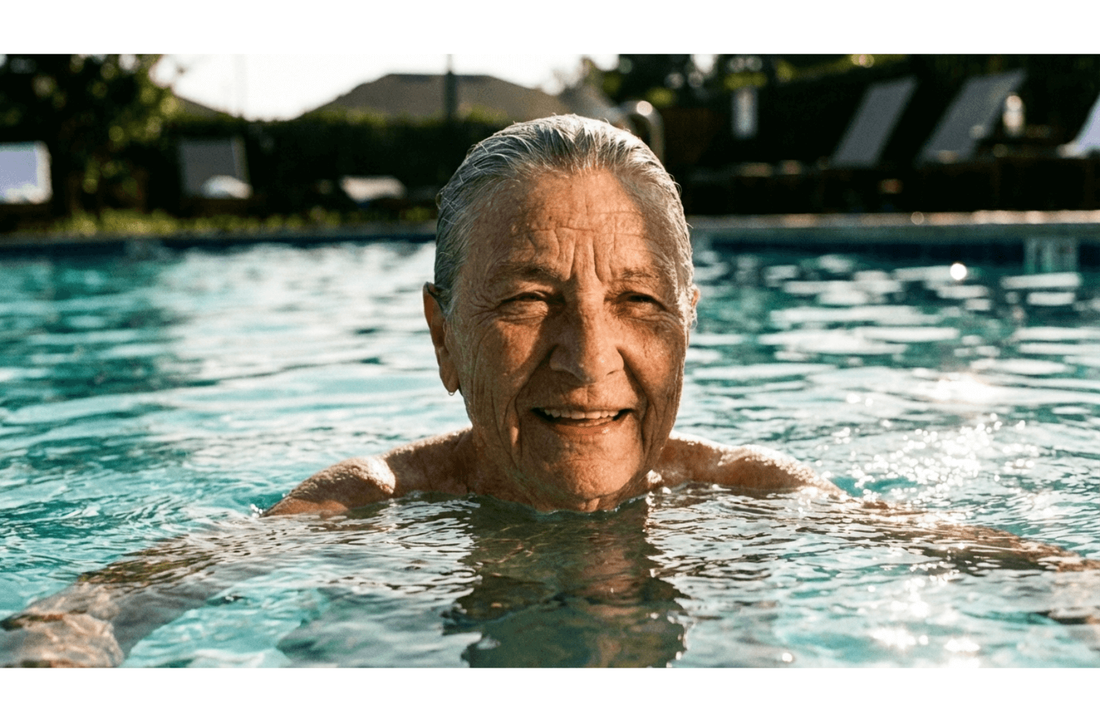 Older adult with wet grey hair taking a breath while surfacing in a bright outdoor swimming pool.