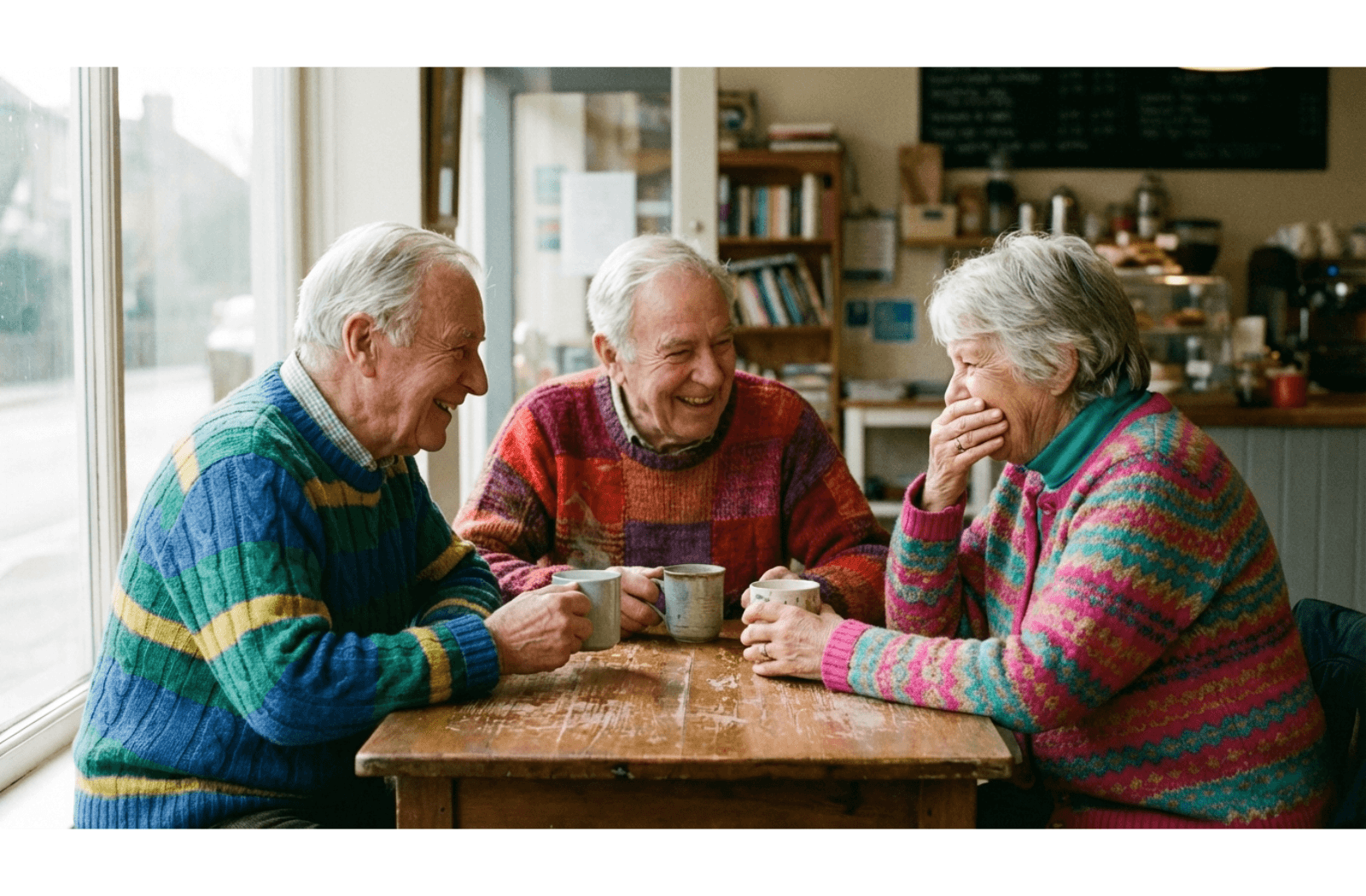 SThree older adults laughing and talking while sitting around a wooden table with coffee mugs in a sunlit room.