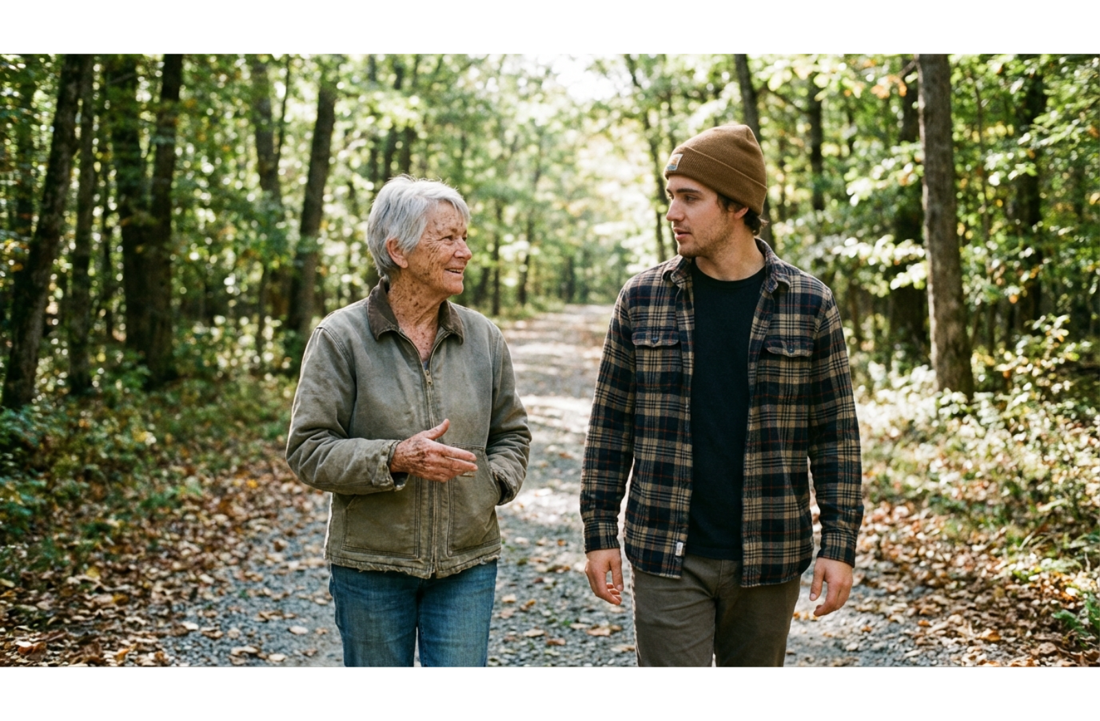 senior and their younger child walk in the woods