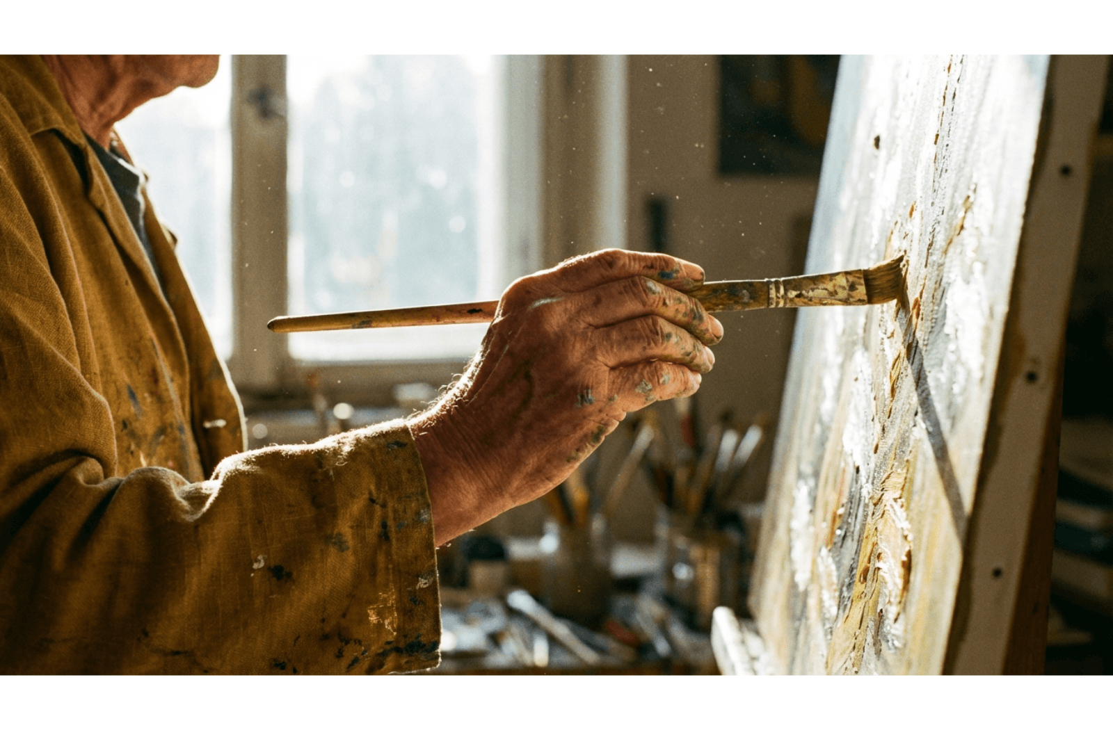 Close-up of an older adult's paint-stained hands applying oil paint to a canvas in a sunlit room.