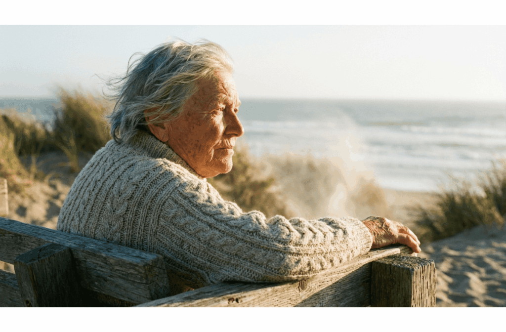 An older adult sits calmly on a wooden bench overlooking the ocean, wearing a knit sweater with wind blowing through their silver hair.
