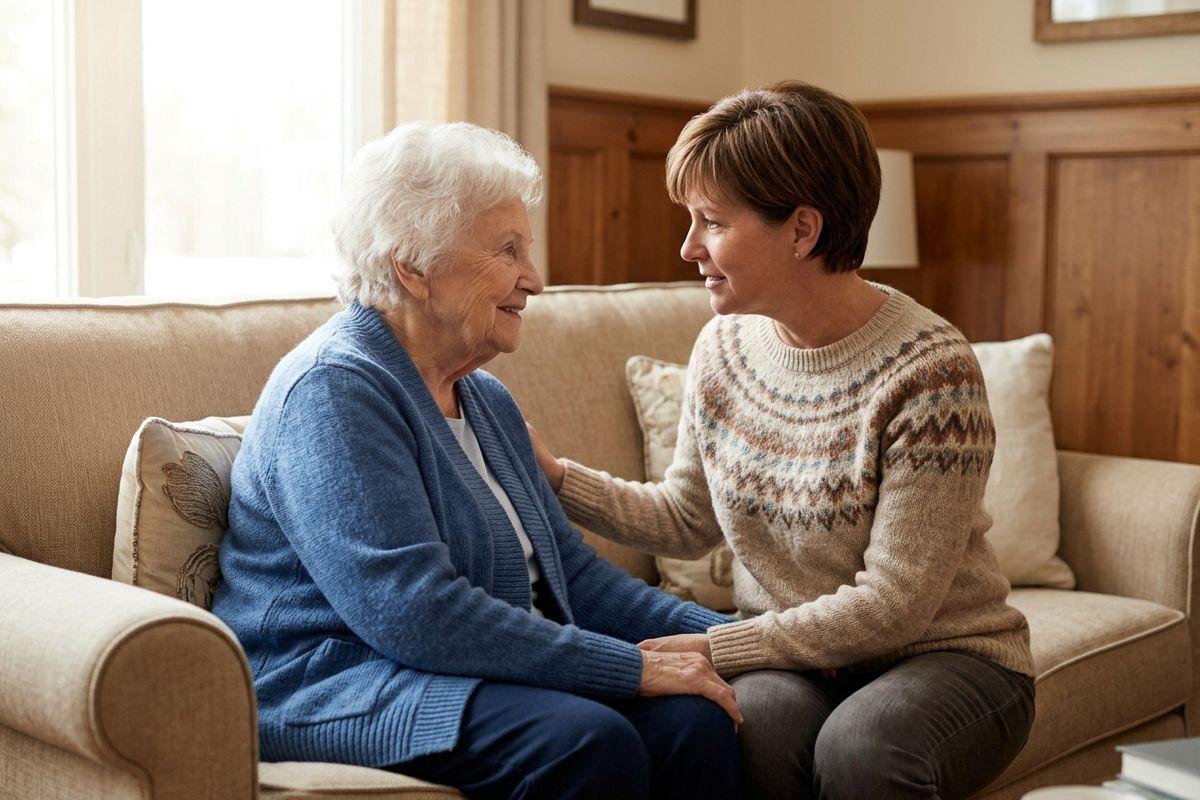 Elderly person and younger adult sitting together on a sofa, holding hands and looking at each other, smiling.