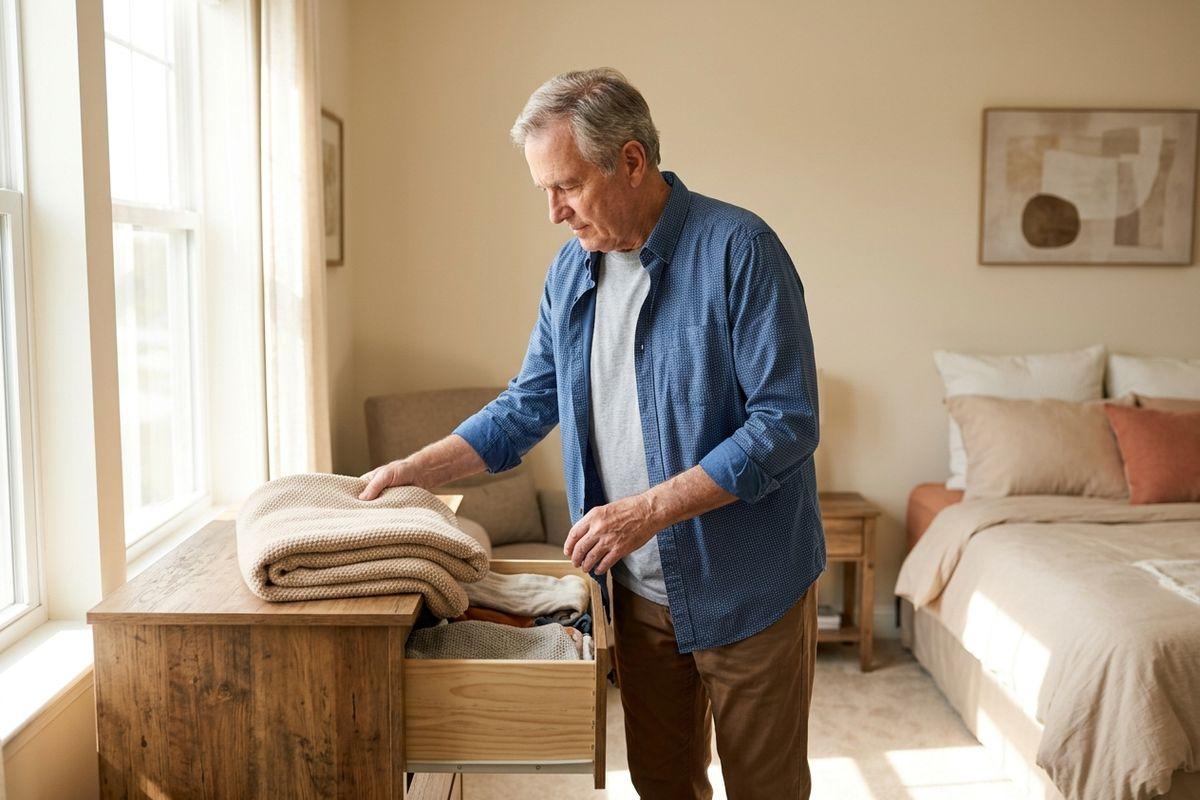 Man standing in a bedroom, contemplating downsizing for assisted