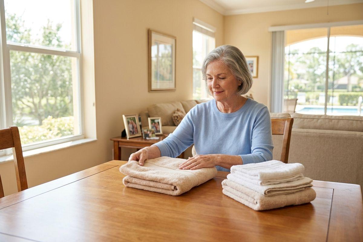 An older adult smiles as they fold towels at a wooden dining table in a sunny living room.