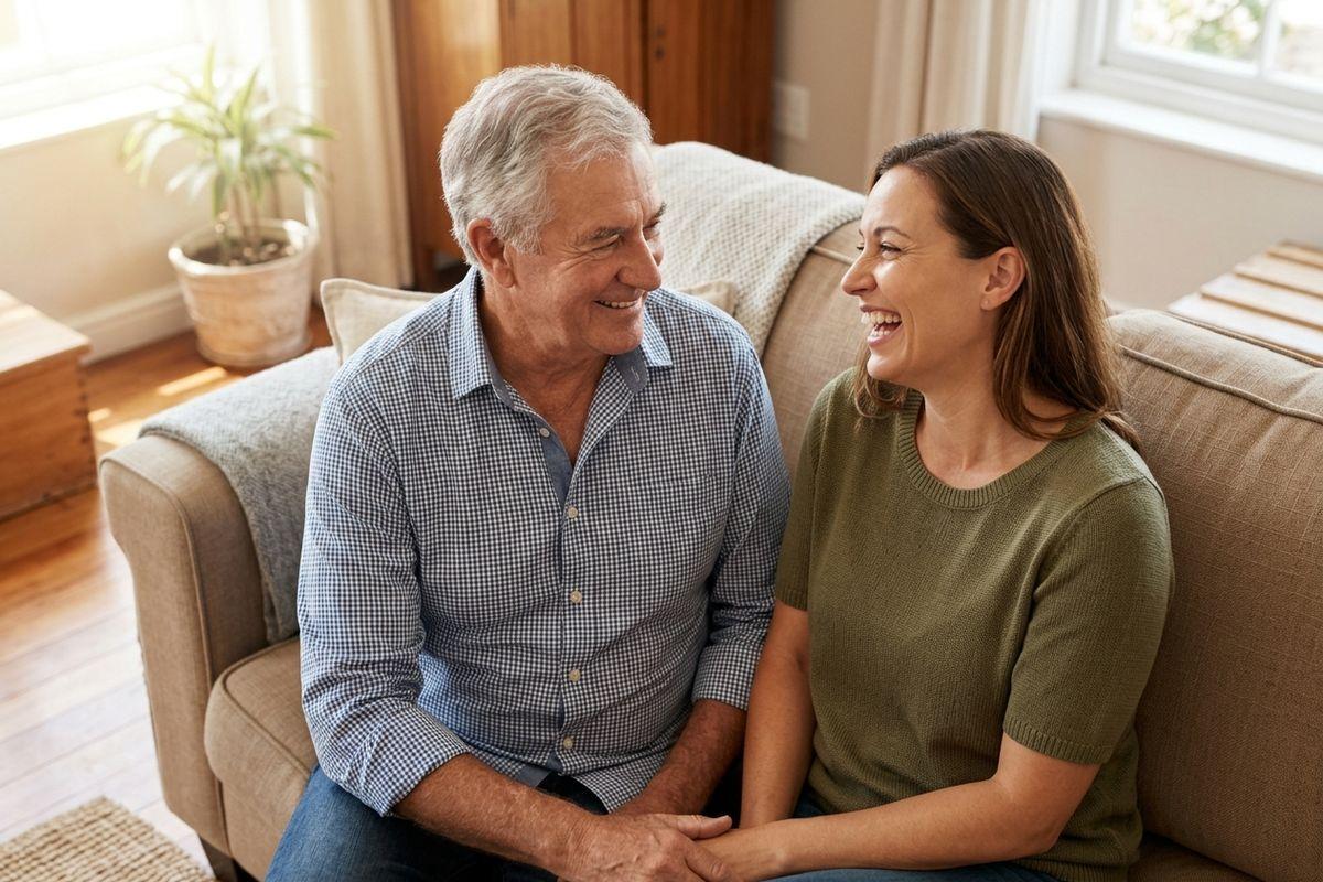 An older and a younger adult sit on a couch, smiling and holding hands as they look at each other in a sunny living room.